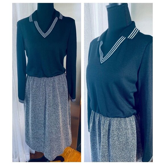 Vintage1970 dress, black top, grey skirt, long sleeves shirtdress, 2/4 (S) - Picture 2 of 10